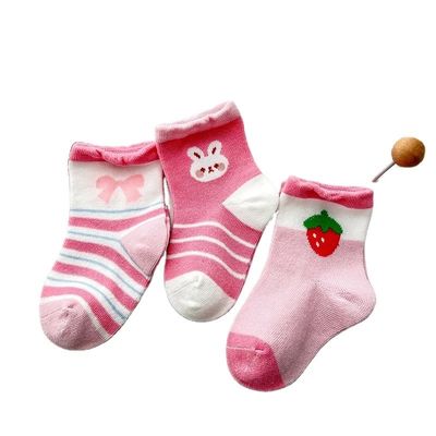 スタンダード厚さ ピンクストロベリープリント 透気型 子供靴下 冬季